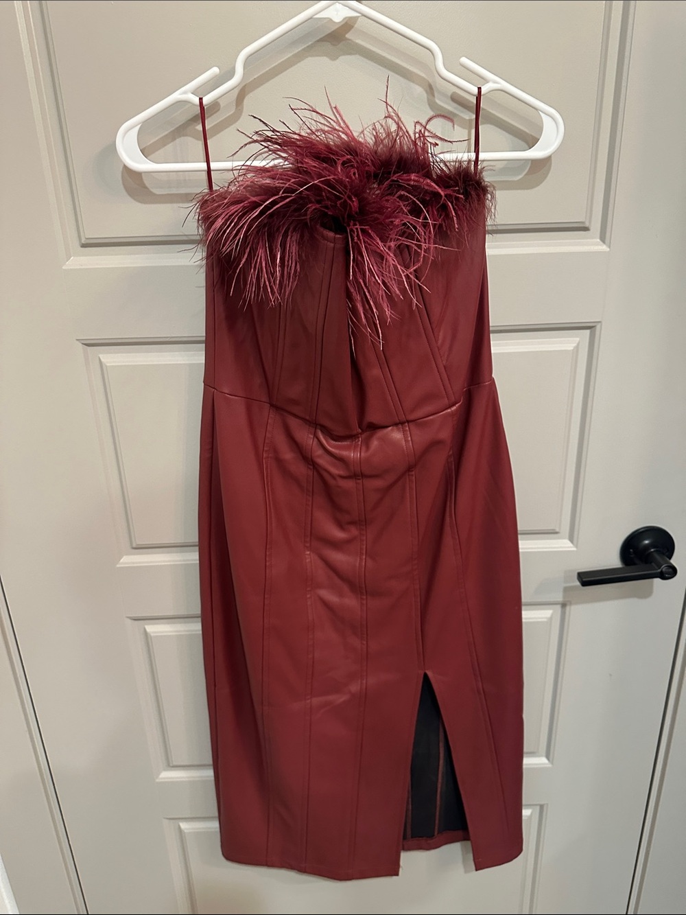 Fate Feather-Trim Faux Leather Mini Dress - Wine Red